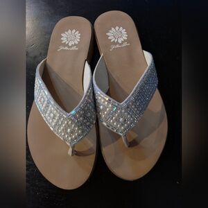 Yellow Box Women's Taupe Sandal with Crystal and Pearl Accents
